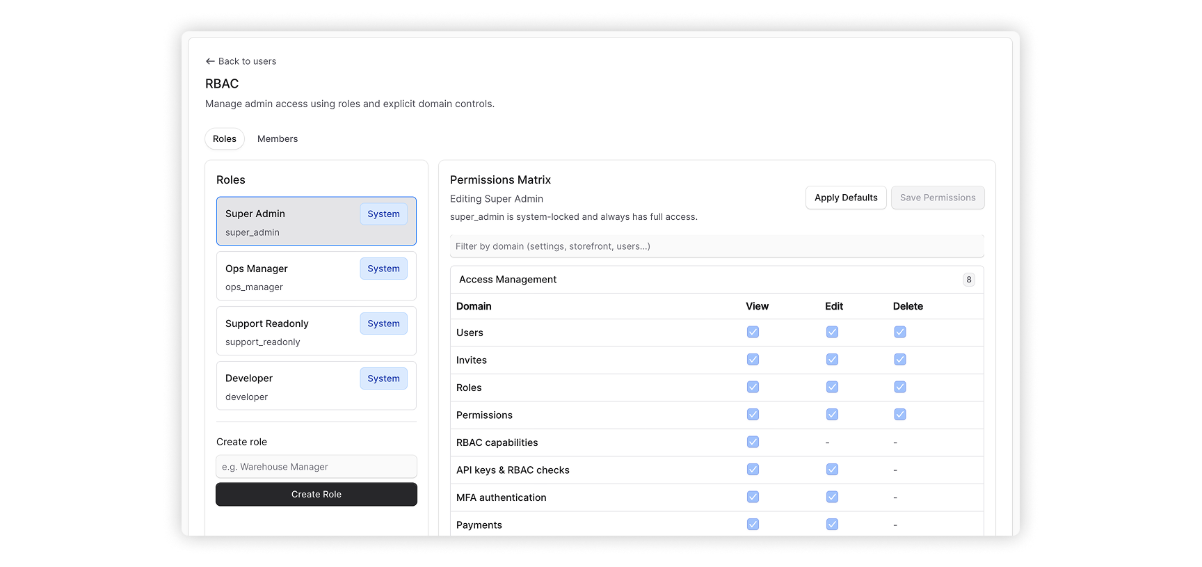 Role-based access control settings for storefront and admin